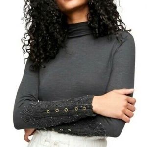 FREE PEOPLE Hooked on You Turtleneck Long Sleeve Top Embroidered M